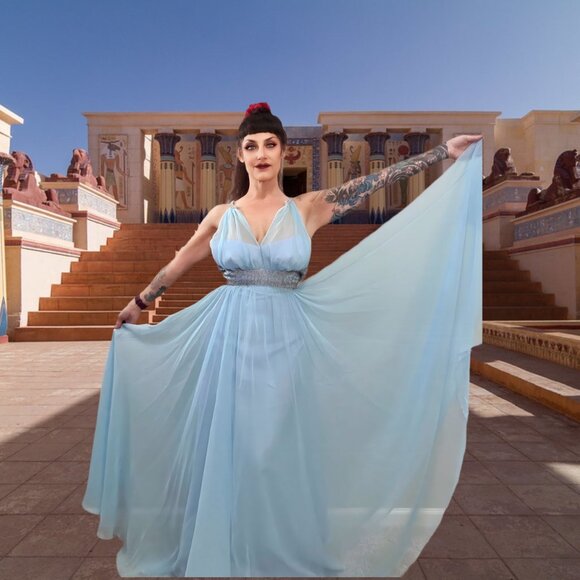 60s Ice Blue Vintage Mike Benet Chiffon & Silver Sparkle Formal Dress MCM VLV 8 - Picture 1 of 11